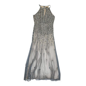 ADRIANNA PAPELL Sequin Floral Beaded Gown Dress Size 8 Color Blue Mist